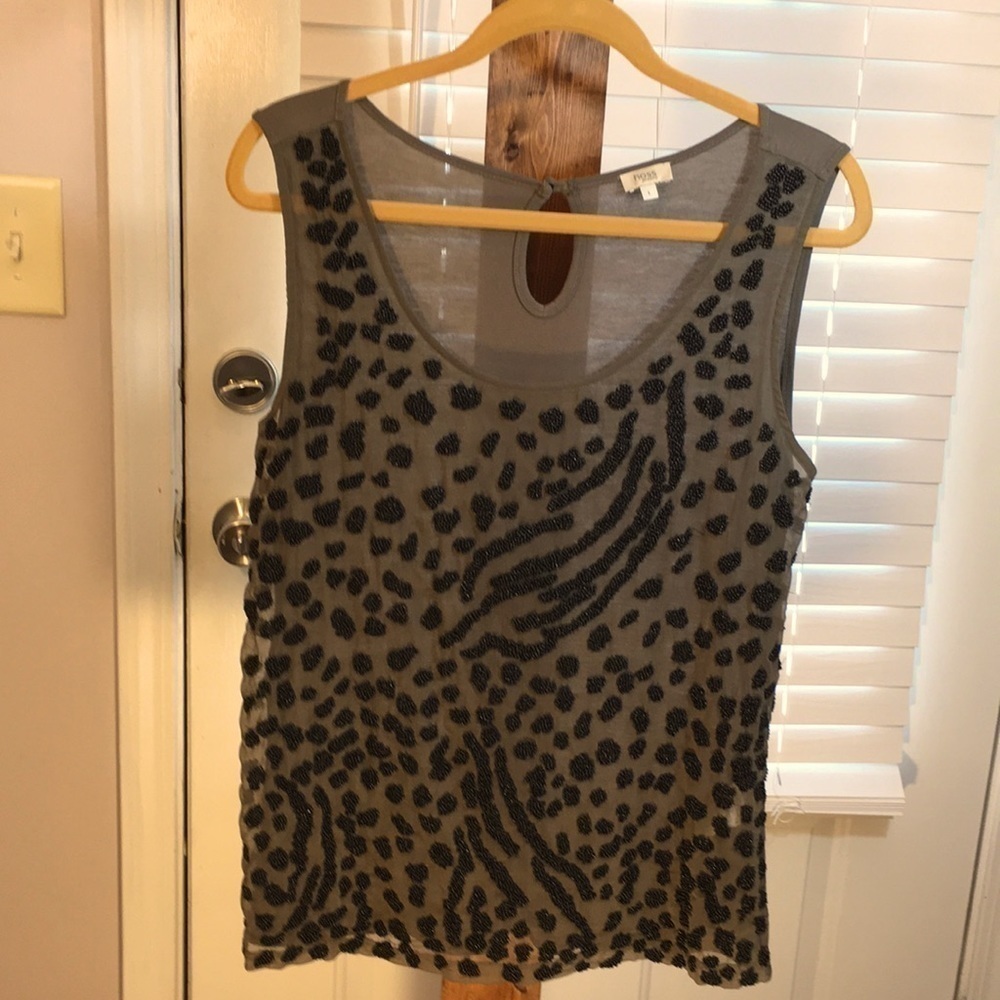 Hoss Introqia Cocktail Party Beads Top Blouse Camisole Beige Hand Beaded Size L